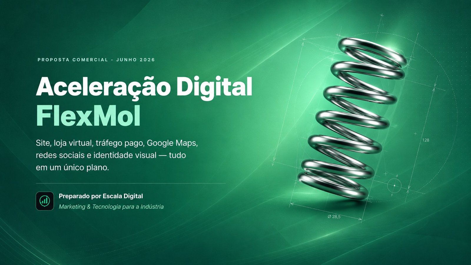 Aceleração Digital FlexMol — site, loja virtual, tráfego pago, Google Maps, redes sociais e identidade visual. Preparado por Escala Digital.